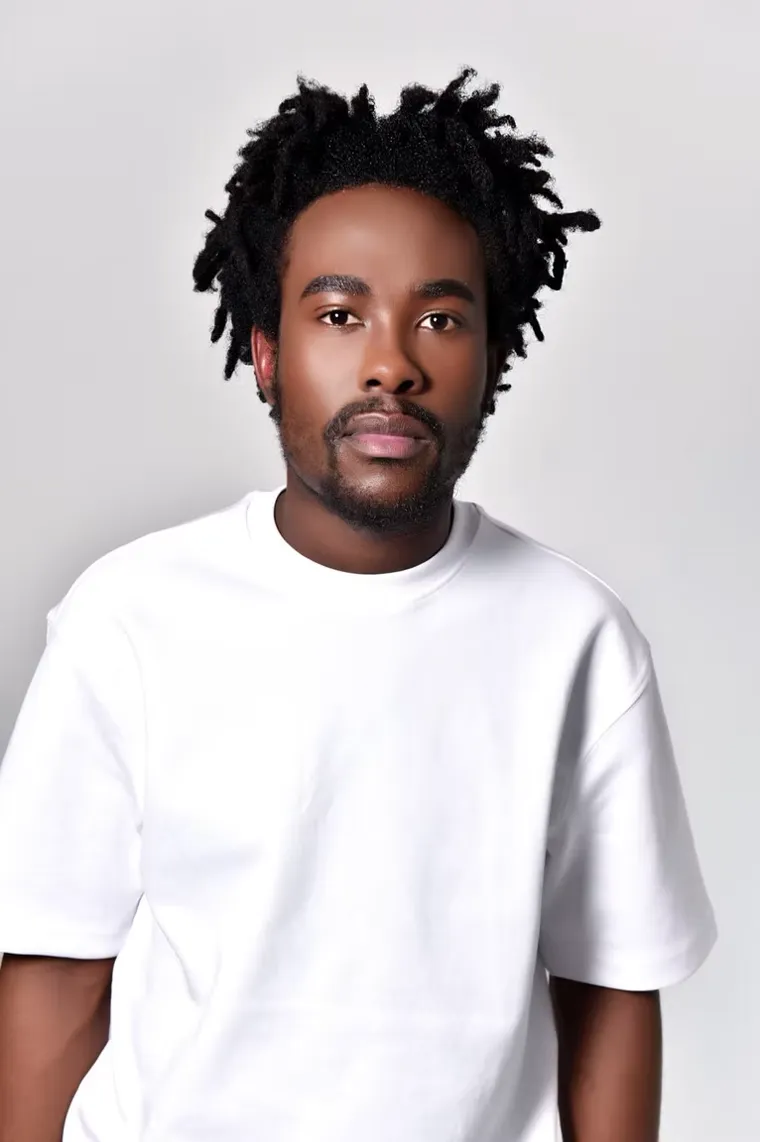 A content creator photographed against a clean studio backdrop